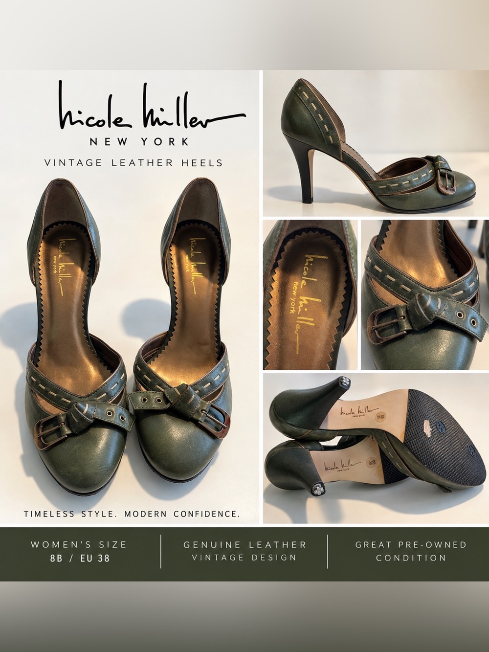 Nicole Miller Olive Green Leather D’Orsay Heels with Buckle Accent